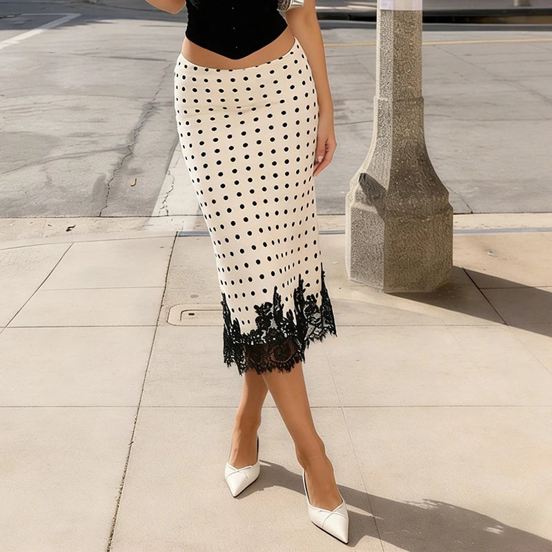 Glorol - High Waist Polka Lace Splice Skirt