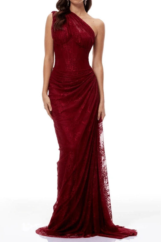 Glorol - Lace Embroidery Slim High Waist Slash Collar Maxi Dress