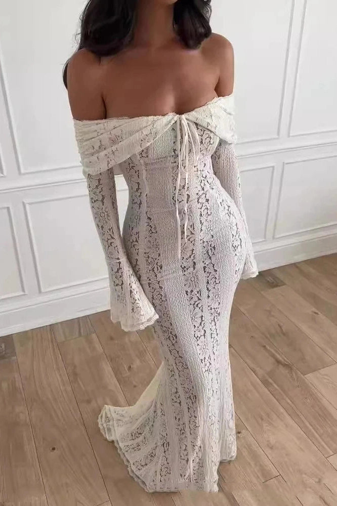 Glorol - Lace Off-shoulder Strapless Long Sleeve Backless Maxi Dress