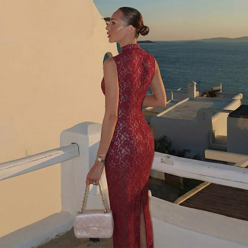 Glorol - Hollow Lace Sleeveless Slit High Waist Maxi Dress