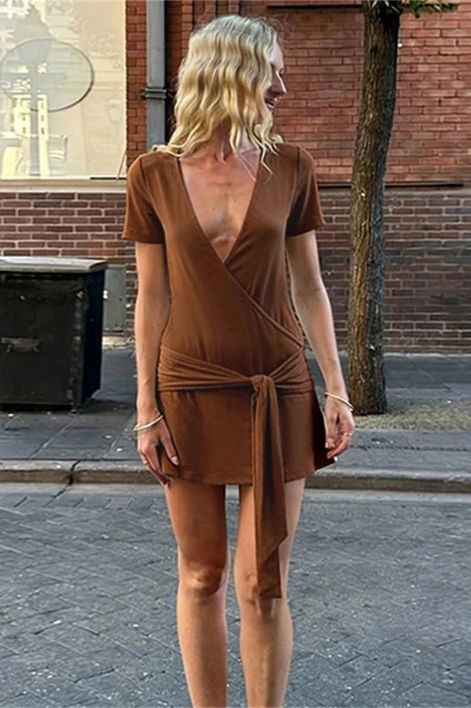 Glorol - Lace-Up V-Neck Short Sleeve Loose Patchwork Mini Dress
