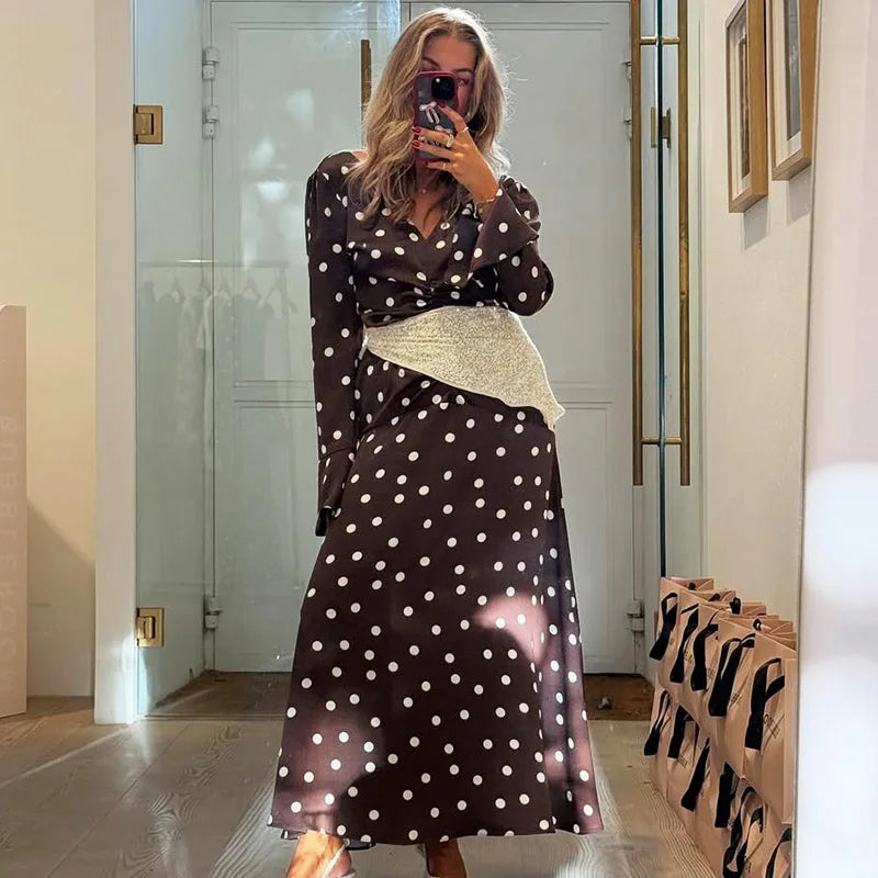 Glorol - Elegant V-Neck Polka Dot Patchwork Maxi Dress