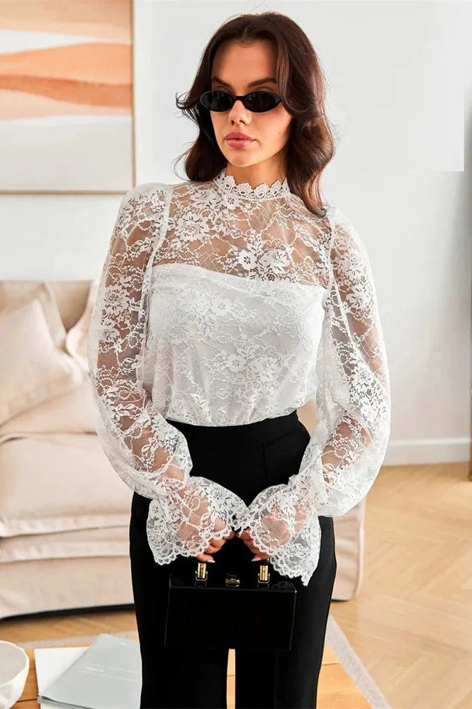 Glorol - Lace Patchwork Long Sleeve Printed Top