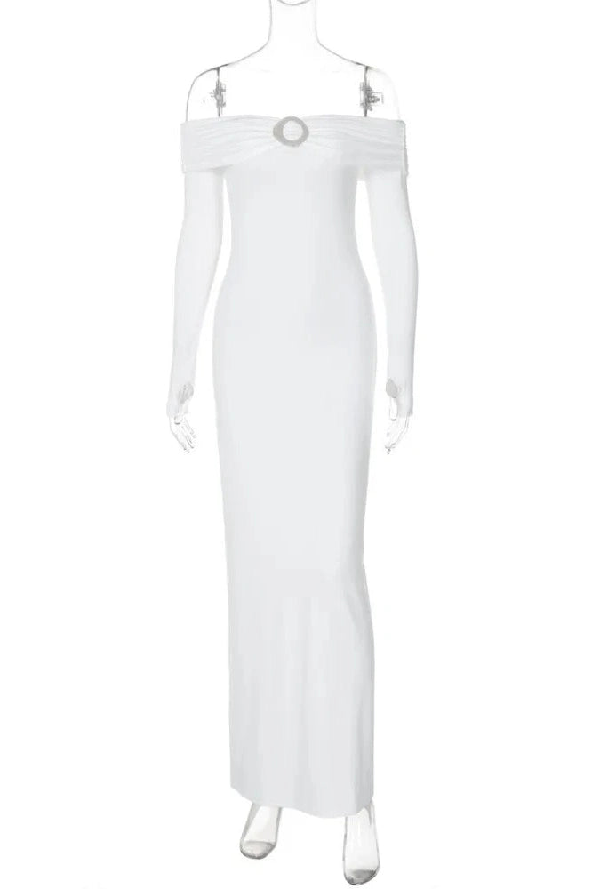Glorol - Off-shoulder Strapless Long Sleeve Backless Maxi Dress