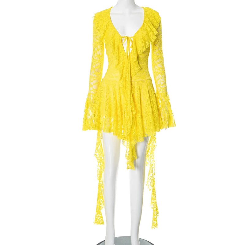 Glorol - See-Through Lace Long Sleeve V-Neck Mini Dress