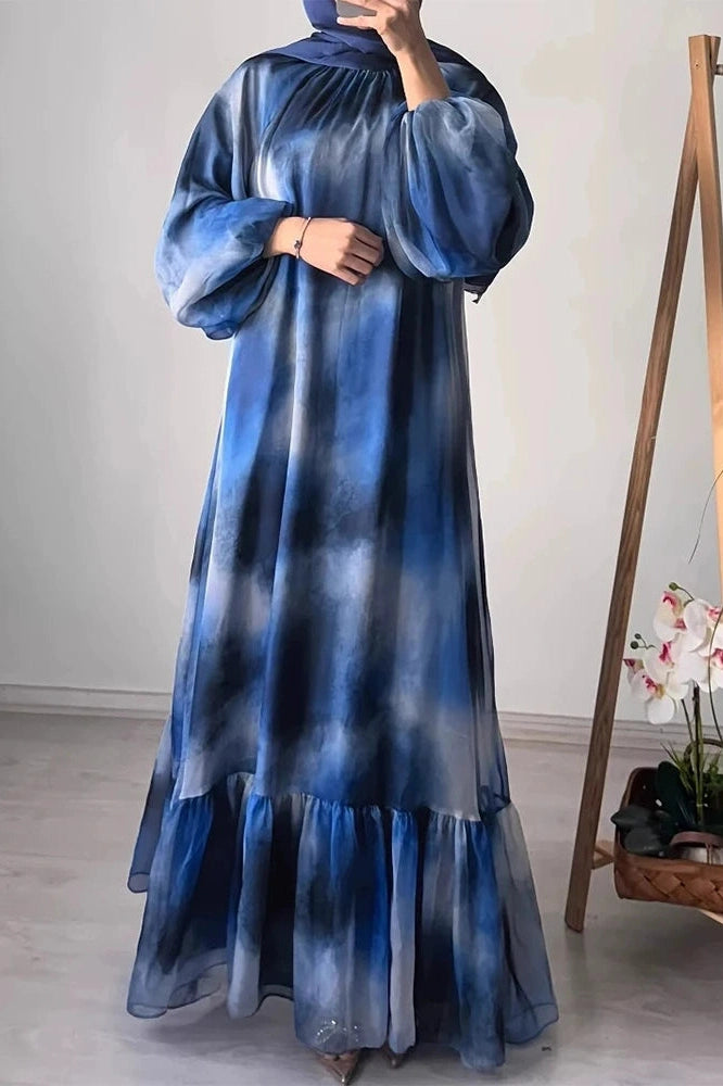 Glorol - Pleated O-Neck High Waist Lace Print Long Sleeve Maxi Dress