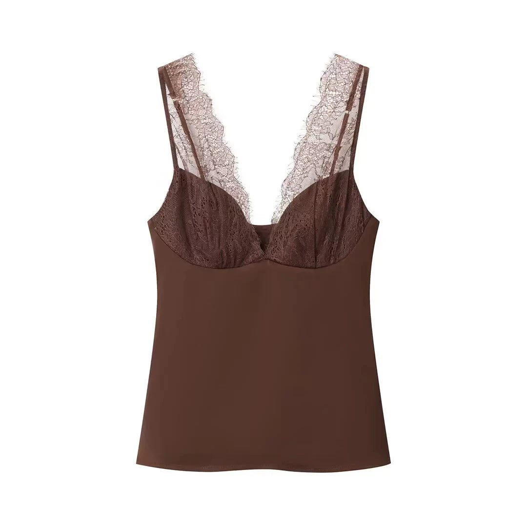 Glorol - Lace Backless V-Neck Slim Top