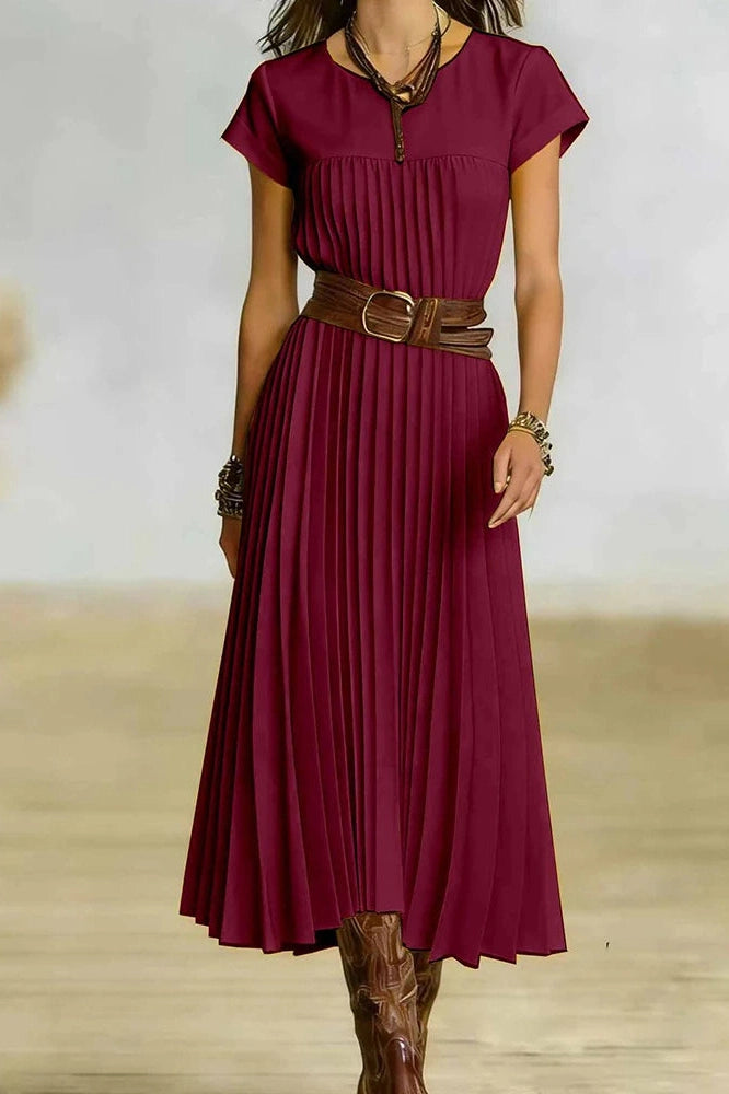 Glorol - O-Neck Short Sleeve Pleated Loose High Waist Midi Dress
