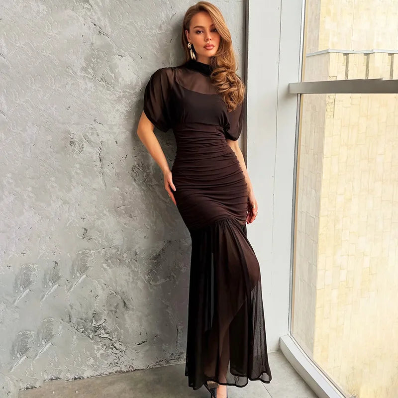 Glorol - Elegant See Through Patchwork High Waist Maxi Dress
