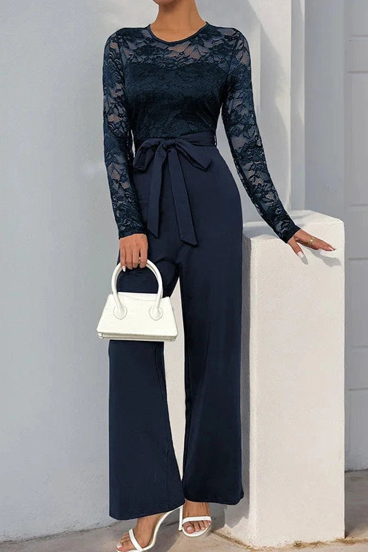Glorol - Lace Hollow O-neck Patchwork High-waisted Jumpsuit