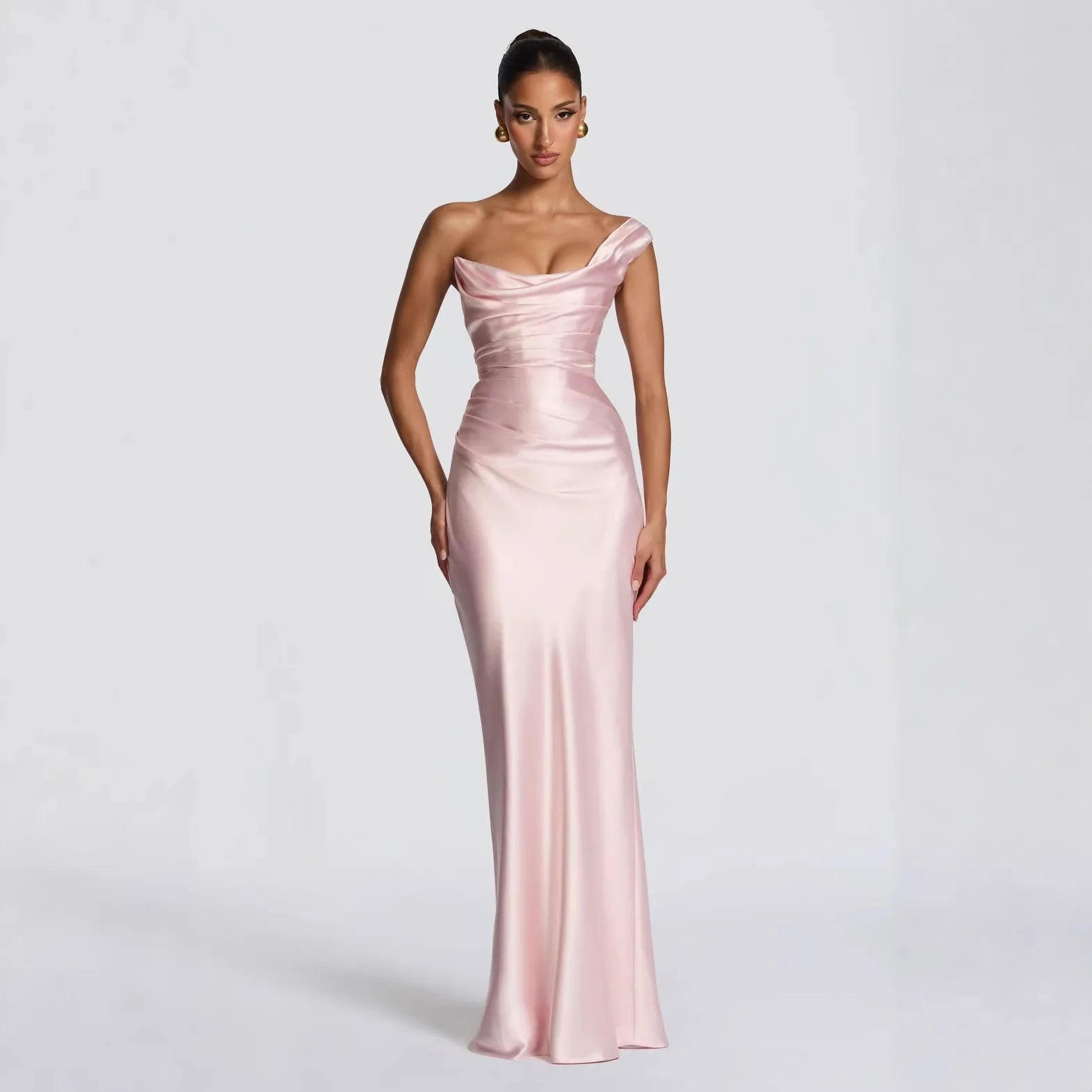 Glorol - One Shoulder Sleeveless Pleated Lace-Up Maxi Dress