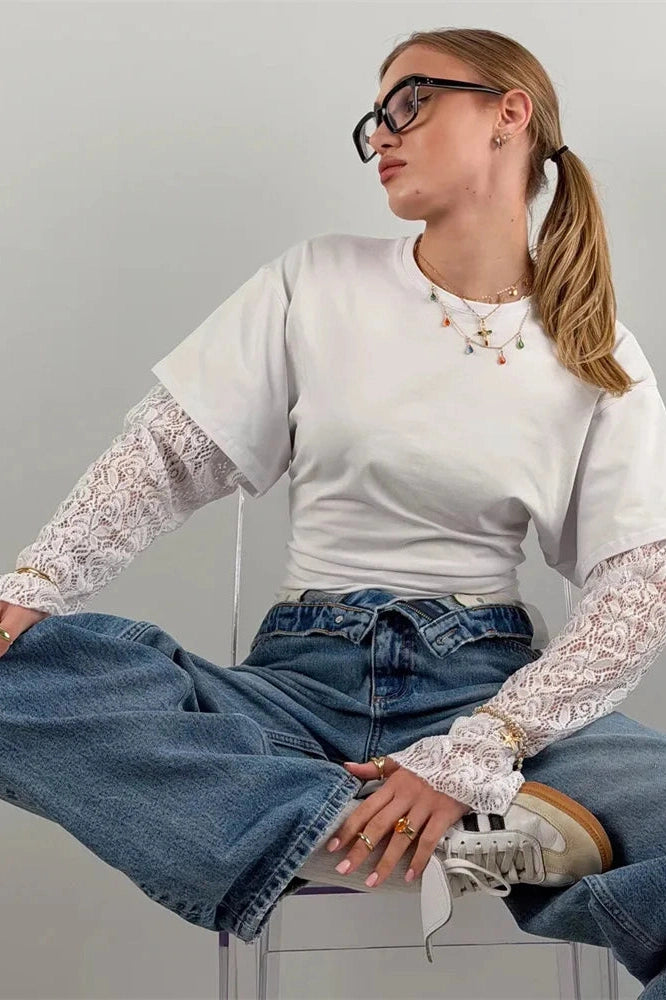 Glorol - Lace Long Sleeve Printed High Waist Top
