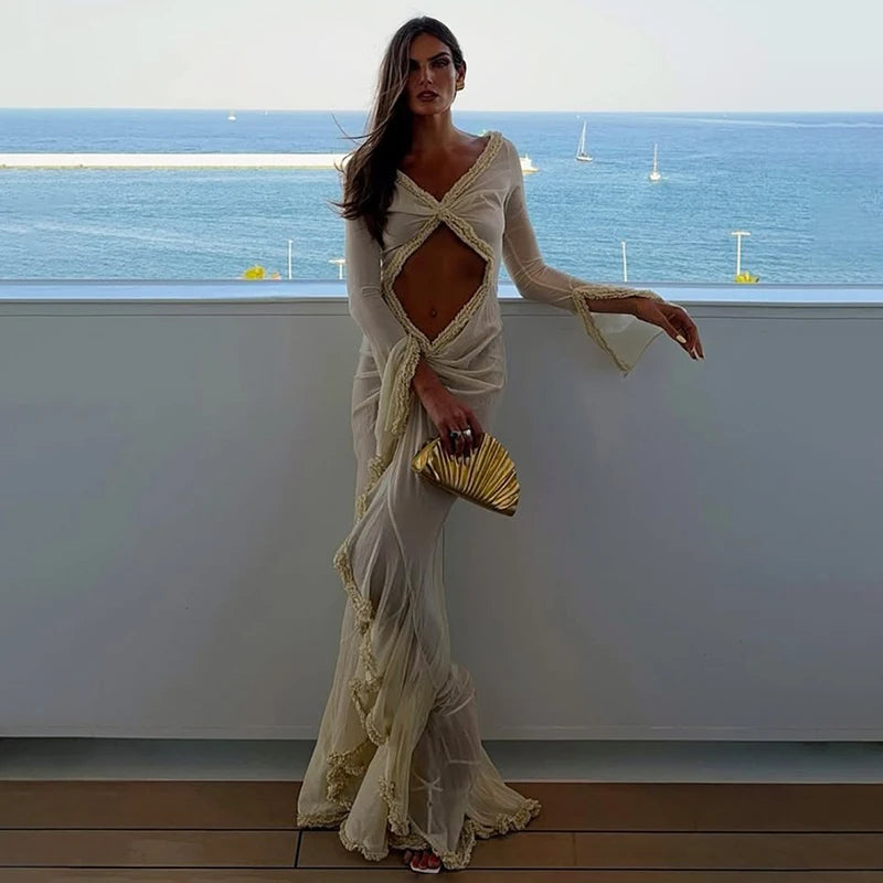 Glorol - Hollow Out Long Sleeve V Neck Slim Maxi Dress
