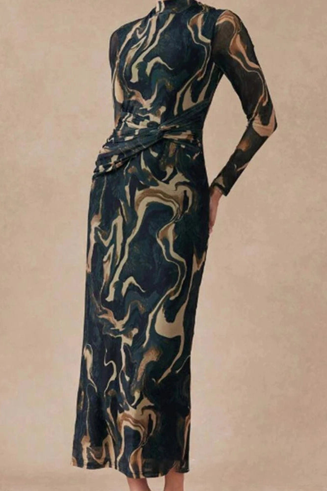 Glorol - Printed Slim O-Neck Long Sleeve High Waist Maxi Dress