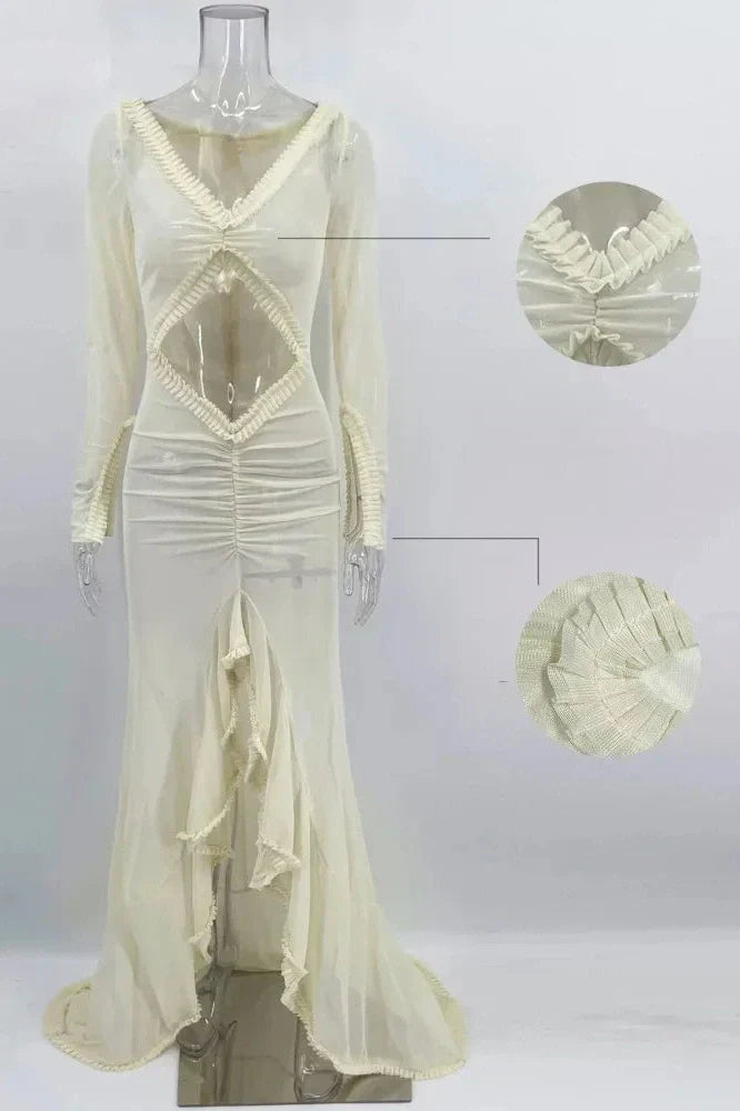 V-Neck See-Through Patchwork Maxi Dress
