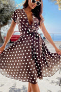 Glorol - Polka Dot Print V-Neck Button Lace-up Slim A-Line Midi Dress