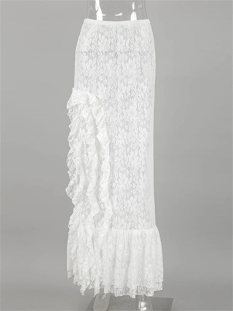 Glorol - High Waist See-Through Lace Hollow Out Skirt