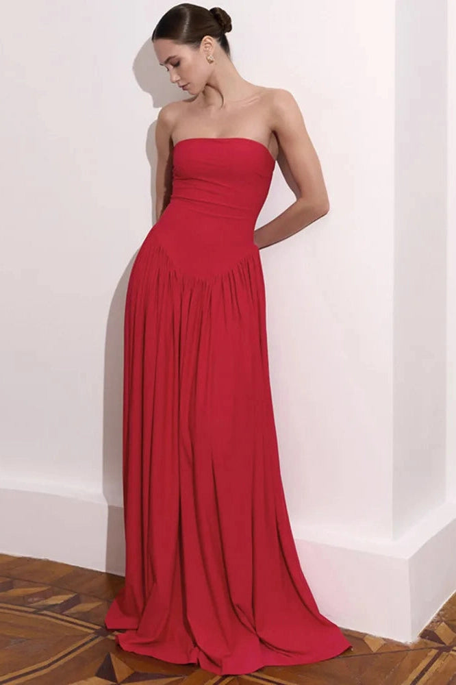 Glorol - Off-Shoulder Strapless Sleeveless Backless Pleated Bodycon Maxi Dress