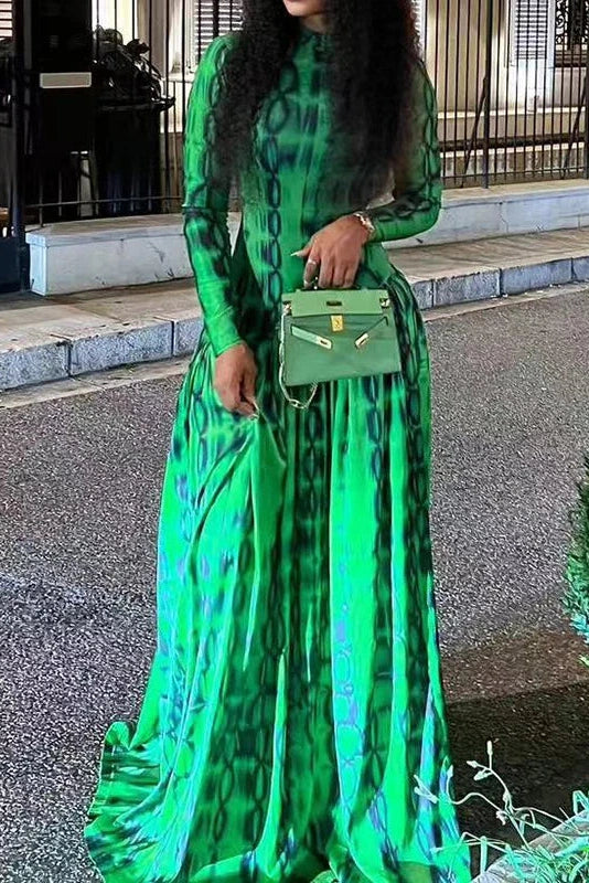 Glorol - Printed Long Sleeve Slim High Waist Pleated Maxi Dress