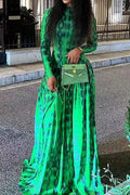 Glorol - Printed Long Sleeve Slim High Waist Pleated Maxi Dress