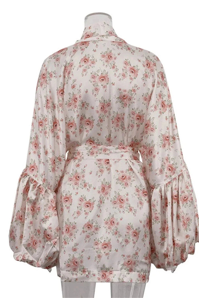 Glorol - Printed V-Neck Lace-Up Patchwork Loose Mini Dress