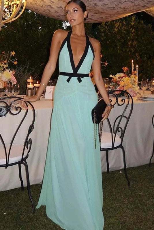 Glorol - Elegant Mesh Pleated Backless V-Neck Maxi Dress