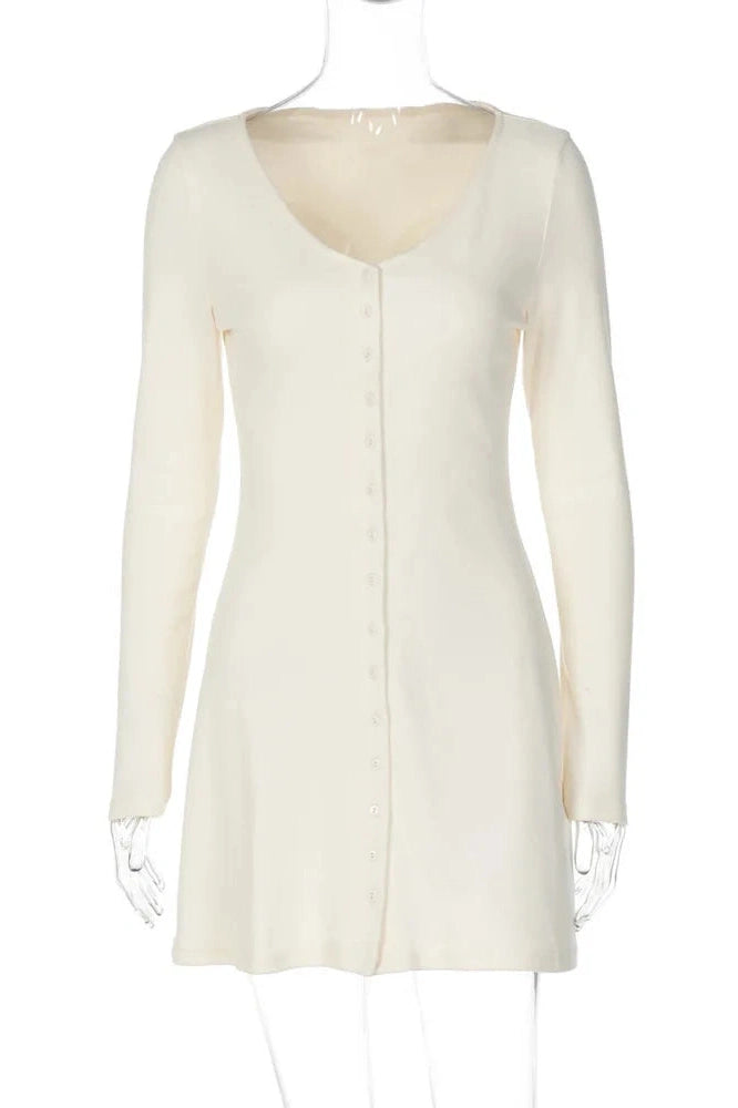 Glorol - V Neck Long Sleeve Single-Breasted High Waist Mini Dress