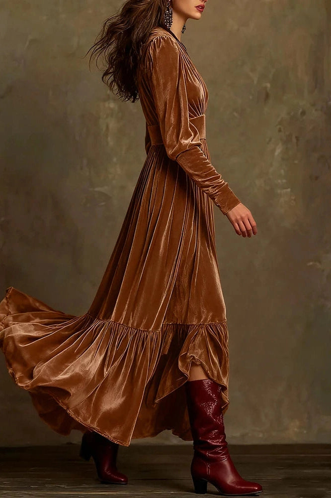 Glorol - Elegant V-Neck Long Sleeve Pleat Maxi Dress