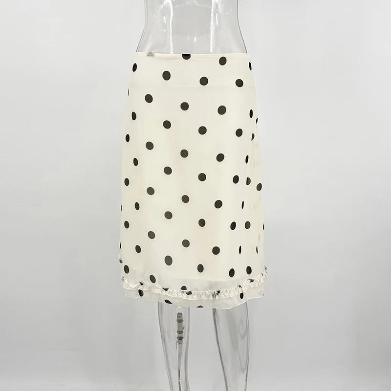 Glorol - High Waist Polka Dot Lace Splice Skirt