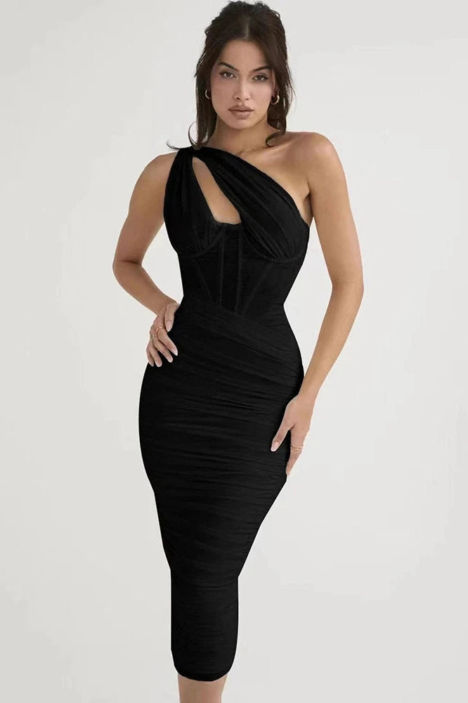 Glorol - Elegant One Shoulder Sleeveless Backless Midi Dress