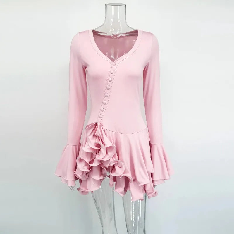 Glorol - Elegant V-Neck Button Patchwork Mini Dress