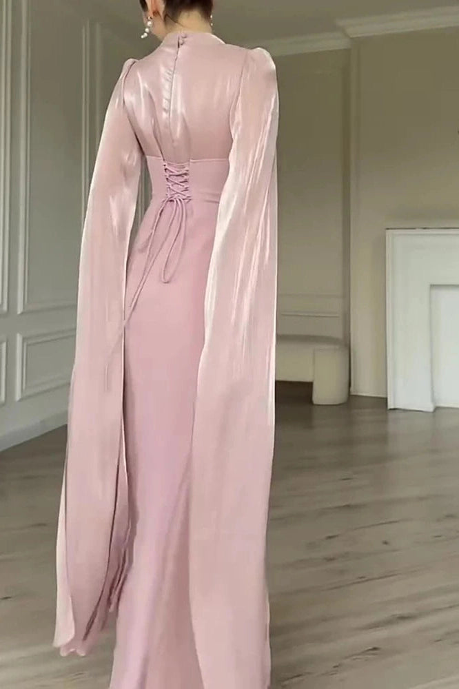 Glorol - Elegant O-Neck Split Sleeve Slim Pleated High Waist Maxi Dress