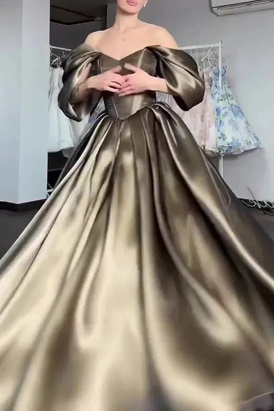 Glorol - Off Shoulder Printed High Waist Pleated Maxi Dress