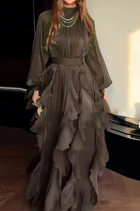 Glorol - Elegant Pleated High Collar Long Sleeve High Waist Maxi Dress