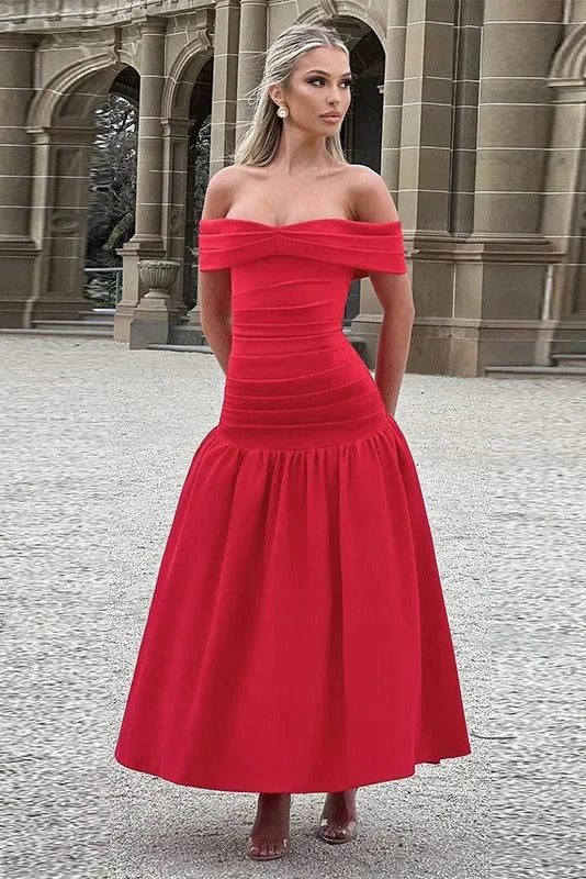 Glorol - Slim Off-Shoulder Sleeveless High Waist A-Line Maxi Dress