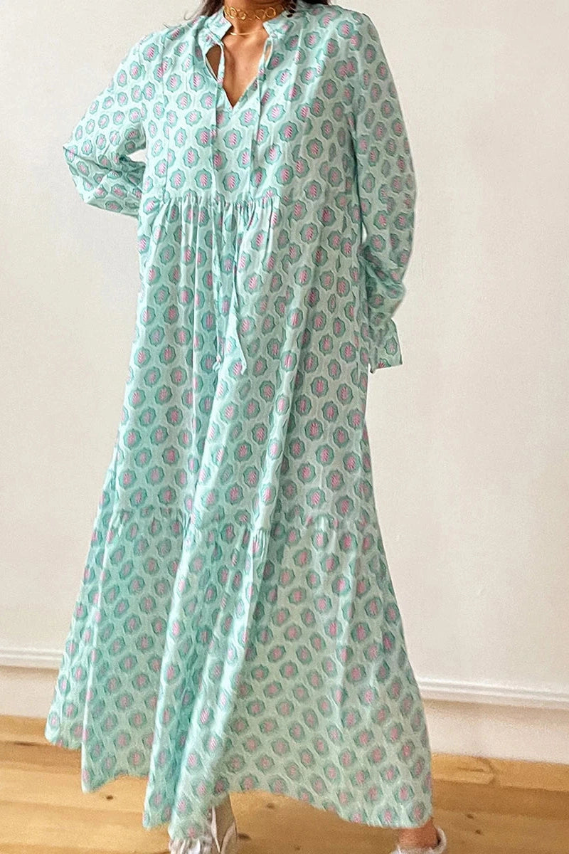 Glorol - Print Tie-Up Long Sleeve V-Neck Maxi Dress