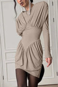 Glorol - Pleated Patchwork Long Sleeve Bodycon Mini Dress