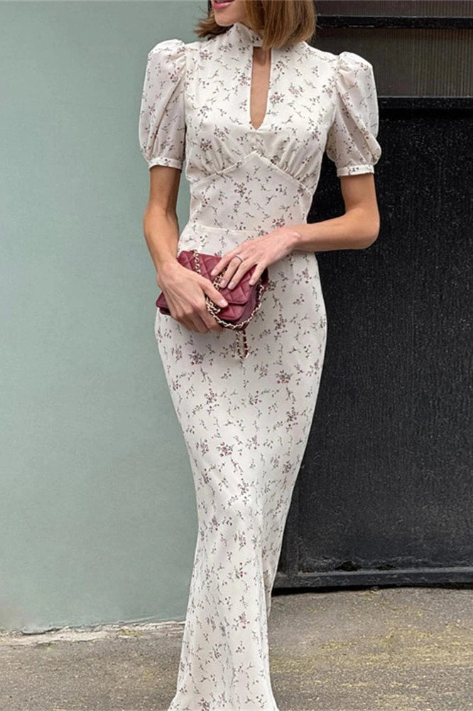 Glorol - Printed V-Neck Short Sleeve High Waist Maxi Dress