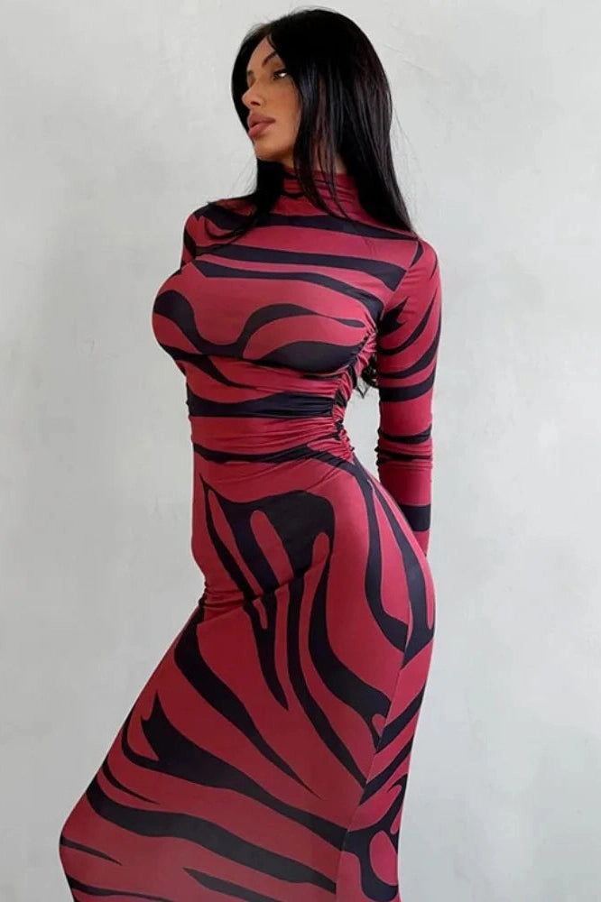 Glorol - Printed Long Sleeve High Waist Maxi Dress