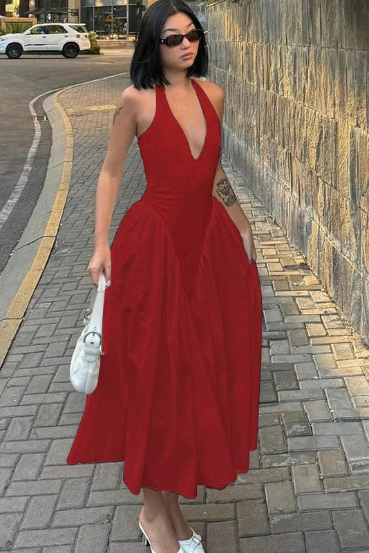 Glorol - Deep V Neck High Waist Backless Midi Dress
