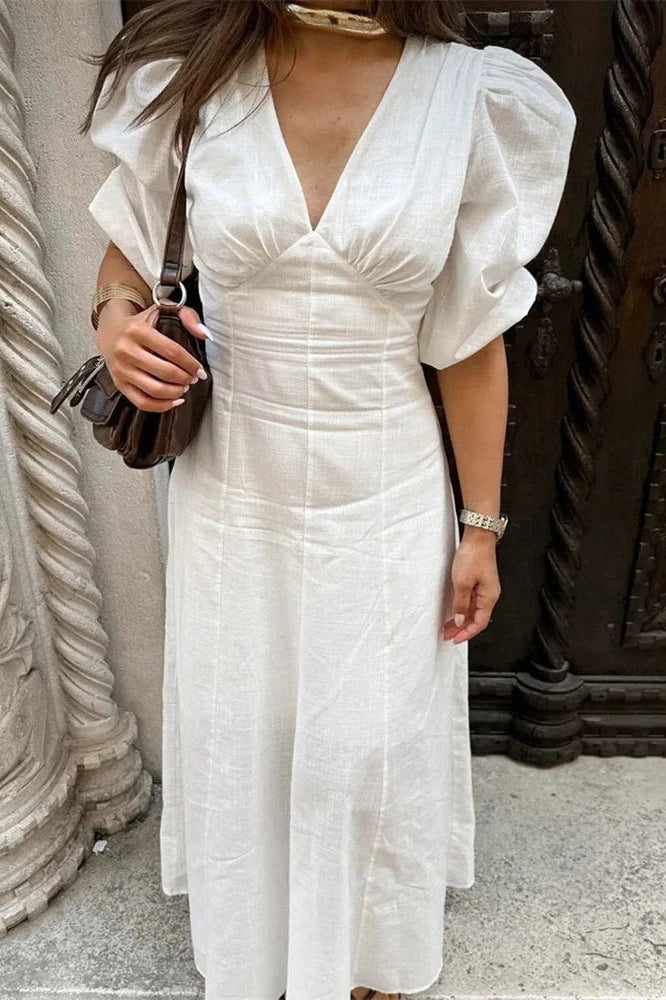 Glorol - Backless Short Sleeve Slim V-Neck High Waist Midi Dress