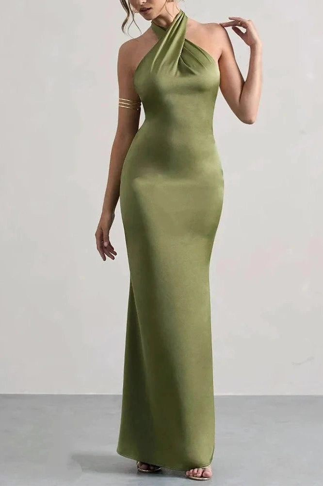 Glorol - Off Shoulder High Waist Pleated Backless Slim Maxi Dress