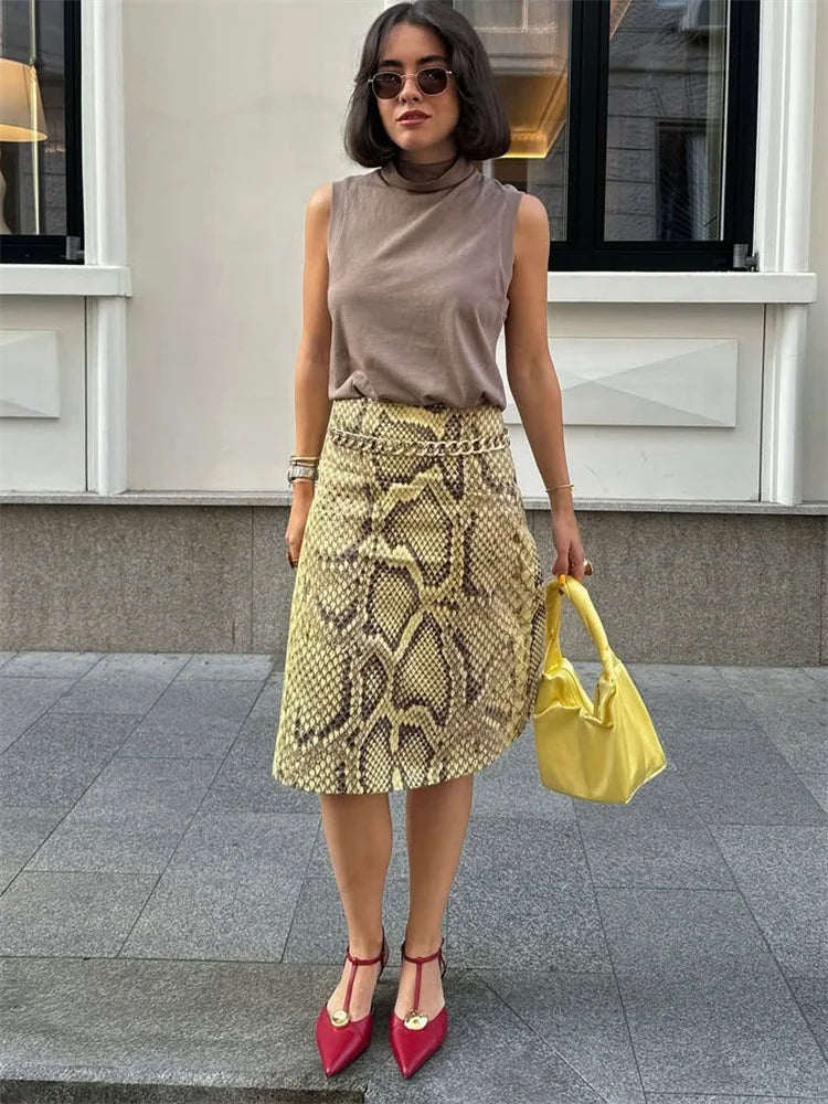 Glorol - High Waist Snakeskin Printed Patchwork Skirt