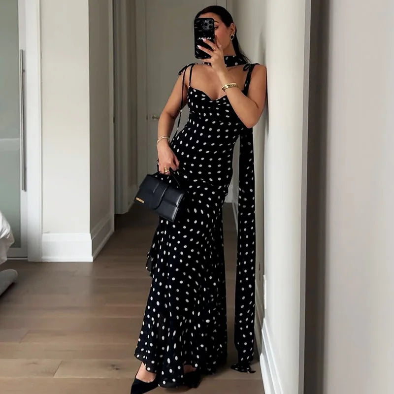 Glorol - Elegant Polka Dot Scarf Ribbon Pleated Maxi Dress