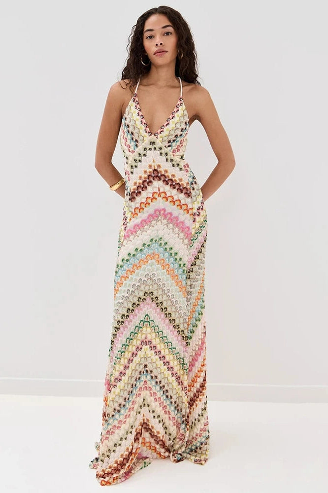 Glorol - Backless Knit Spaghetti Strap Sleeveless High Waist Maxi Dress