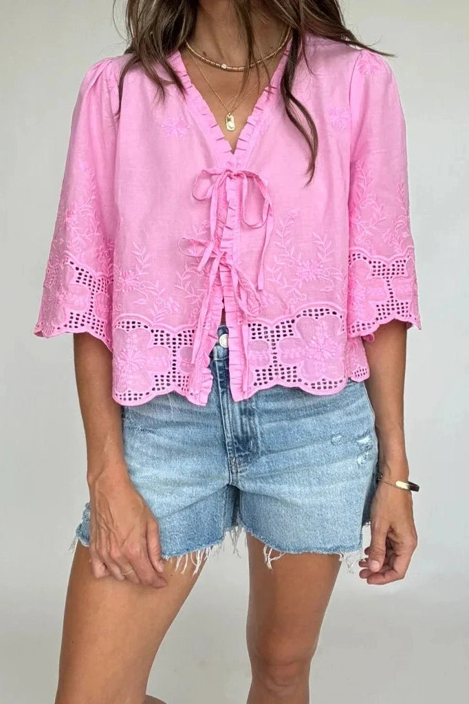 Glorol - Short Sleeve Loose Sleeve Patchwork Tie-Up Top