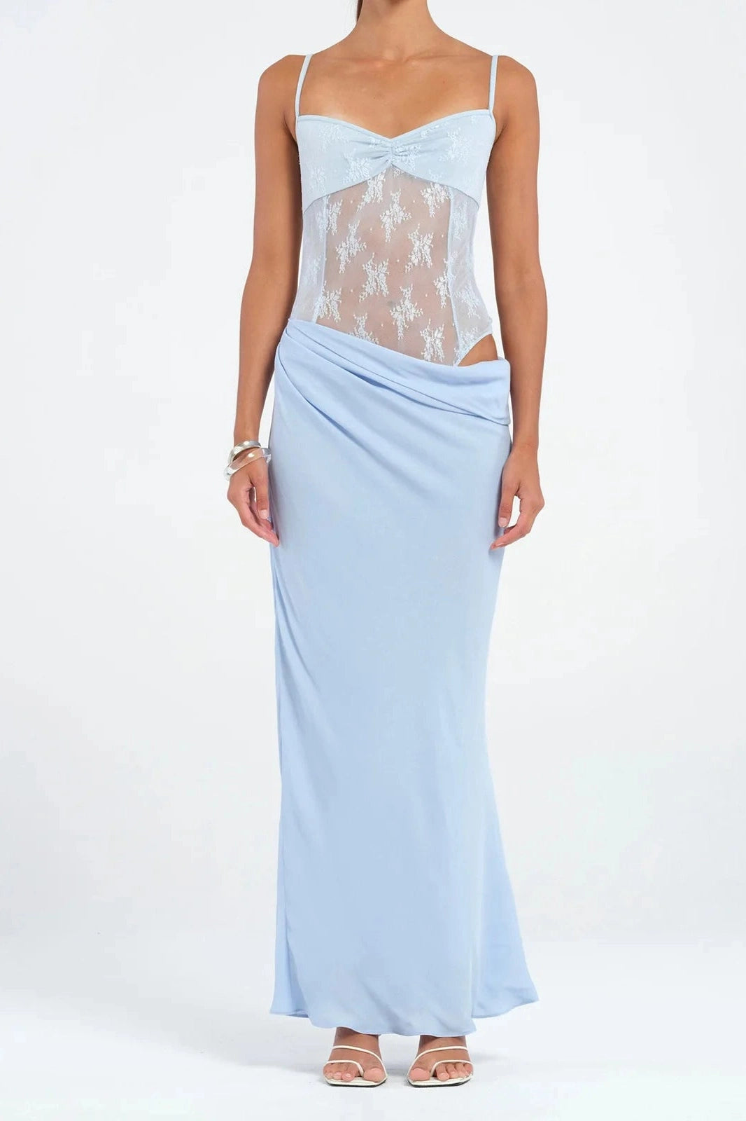 Glorol - Patchwork Lace Slim Spaghetti Strap Backless Maxi Dress