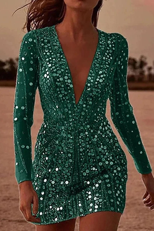 Glorol - Deep V Neck Slim Long Sleeved A-Line High Waist Mini Dress