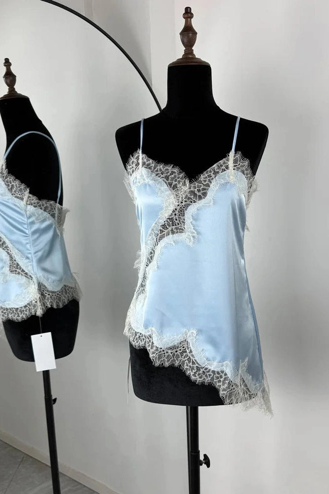 Glorol - Lace Printed V-Neck Patchwork Backless Top
