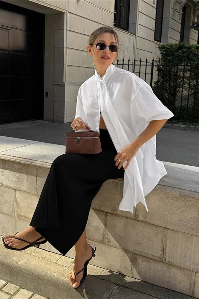 Glorol - Lace-Up Short Sleeve Loose Patchwork Top